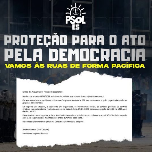Psol organiza ato pela democracia nesta segunda (9) na Ufes