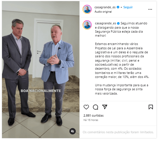 Casagrande anuncia reajuste salarial para bombeiros e policiais