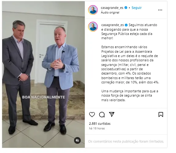 Casagrande anuncia reajuste salarial para bombeiros e policiais Casagrande anuncia reajuste salarial para bombeiros e policiais