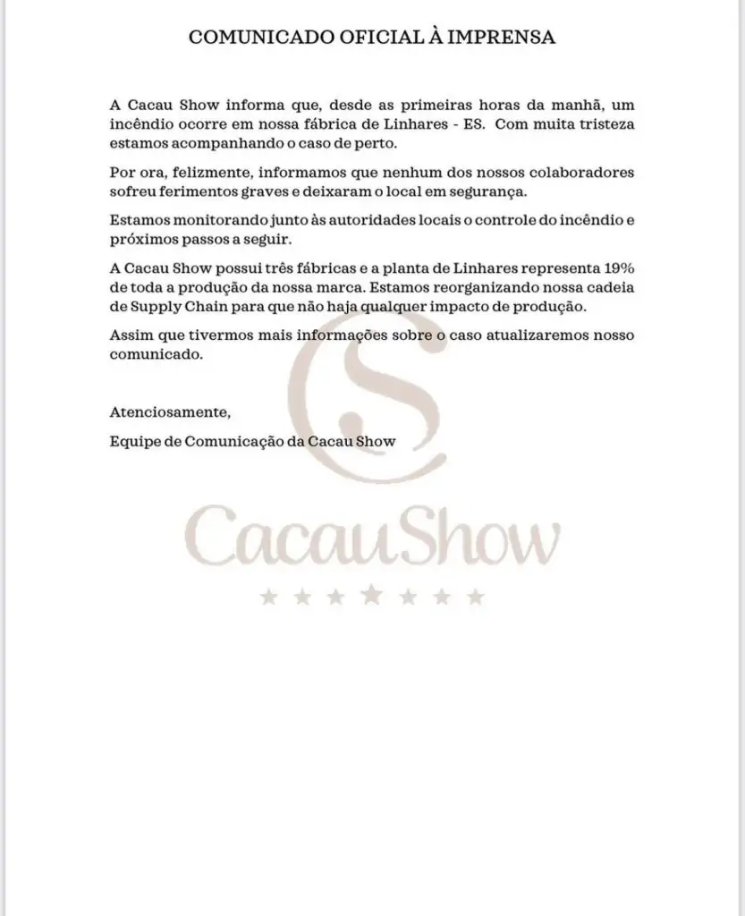 Fábrica da Cacau Show que pegou fogo detém 19% da produção total