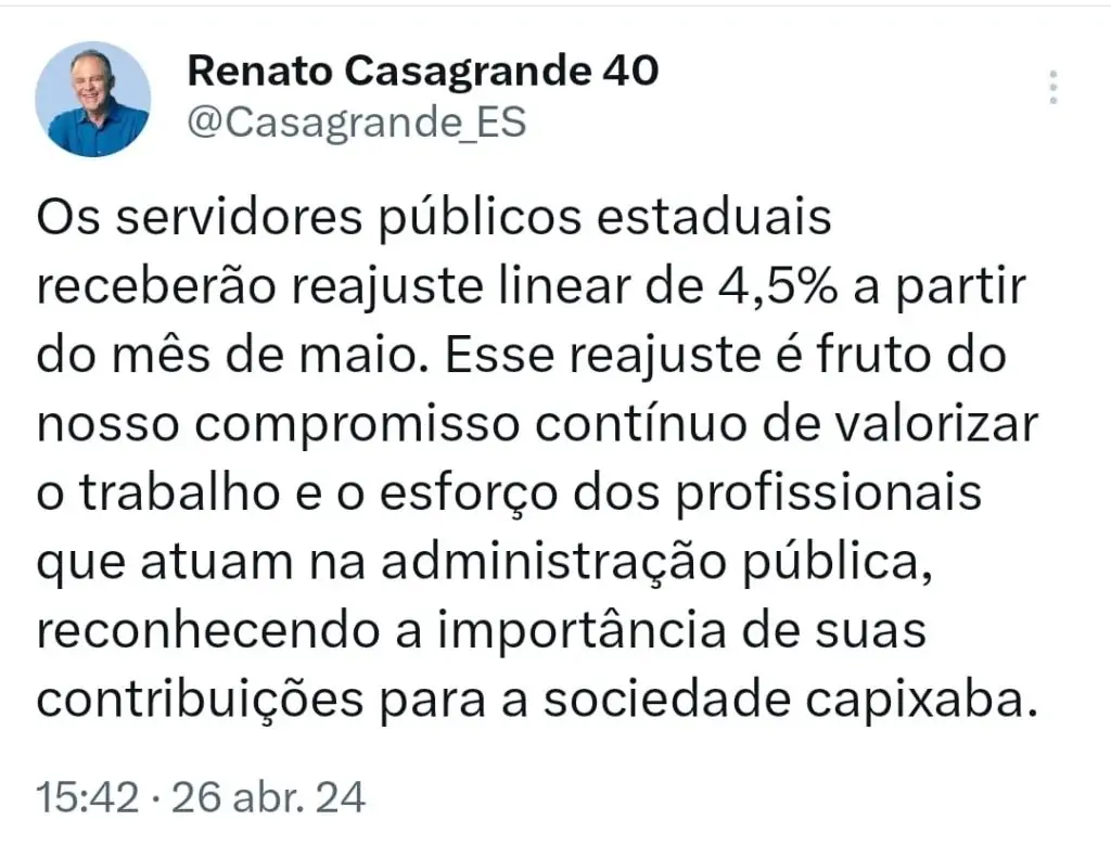 Casagrande anuncia reajuste de 4,5% para servidores do Executivo estadual