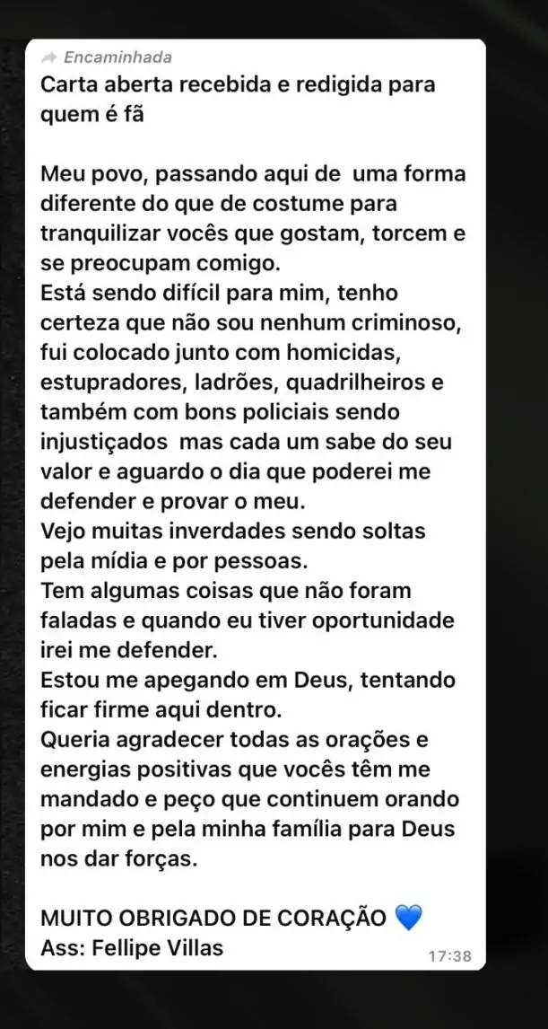Em carta aberta, militar expulso da PM diz que está preso com homicidas e estupradores