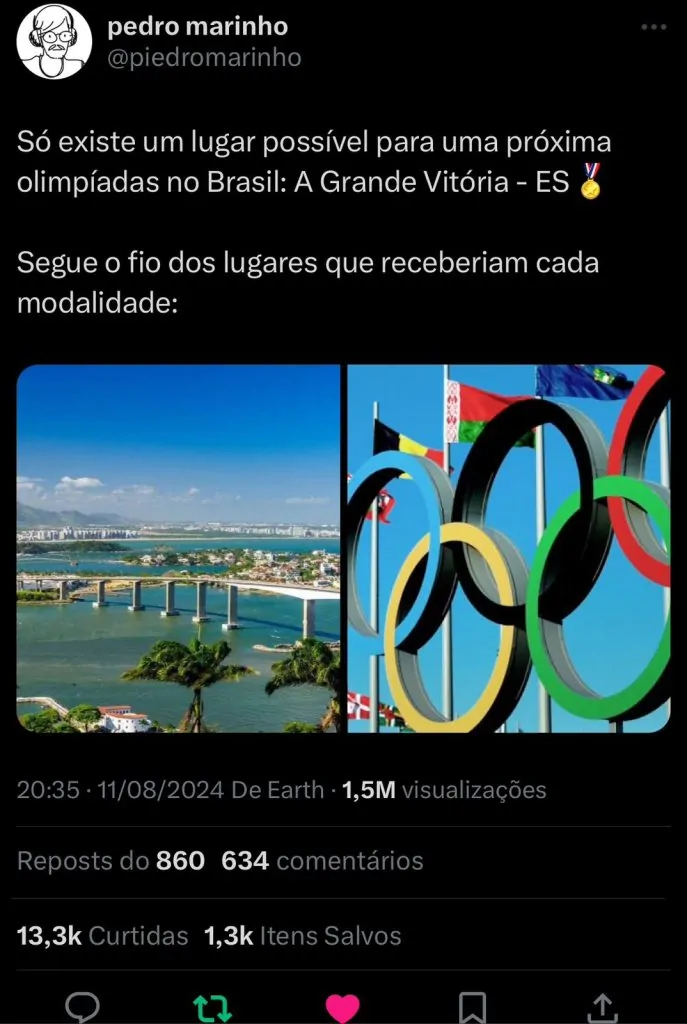 Olimpíadas no ES: publicitário capixaba viraliza com possíveis pontos para provas