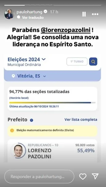 Paulo Hartung comemora reeleição de Pazolini em Vitória