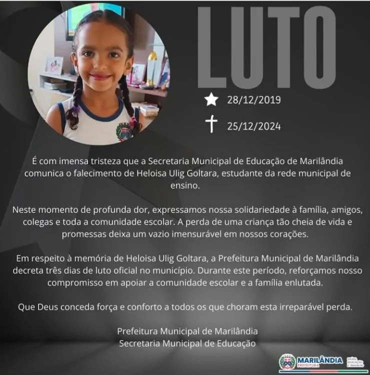 Menina de 4 anos morre em Marilândia e a suspeita é que seja de dengue grave