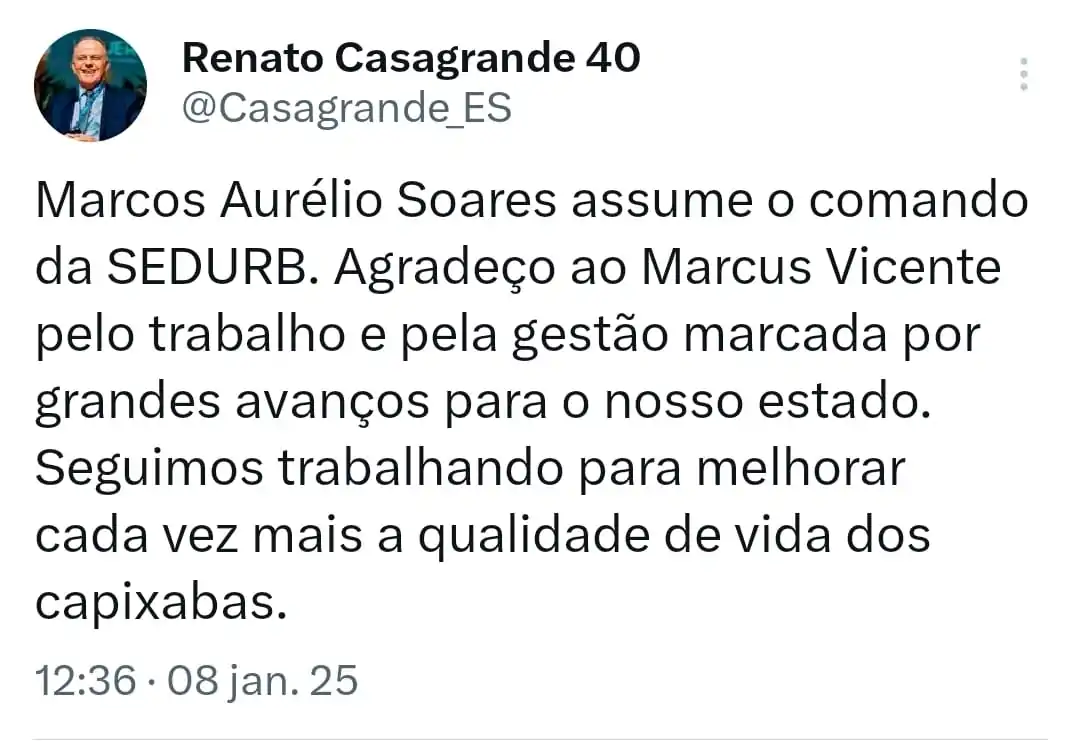 Confirmando ES Hoje, Casagrande tira Marcus Vicente da Sedurb