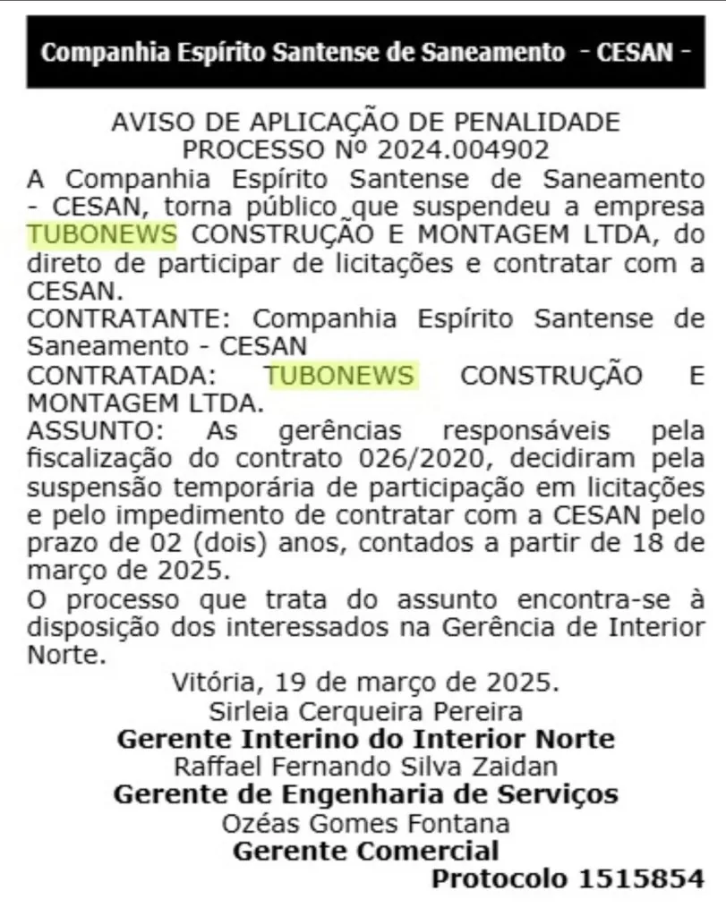CESAN suspende empresa por dois anos por descumprimento de contrato