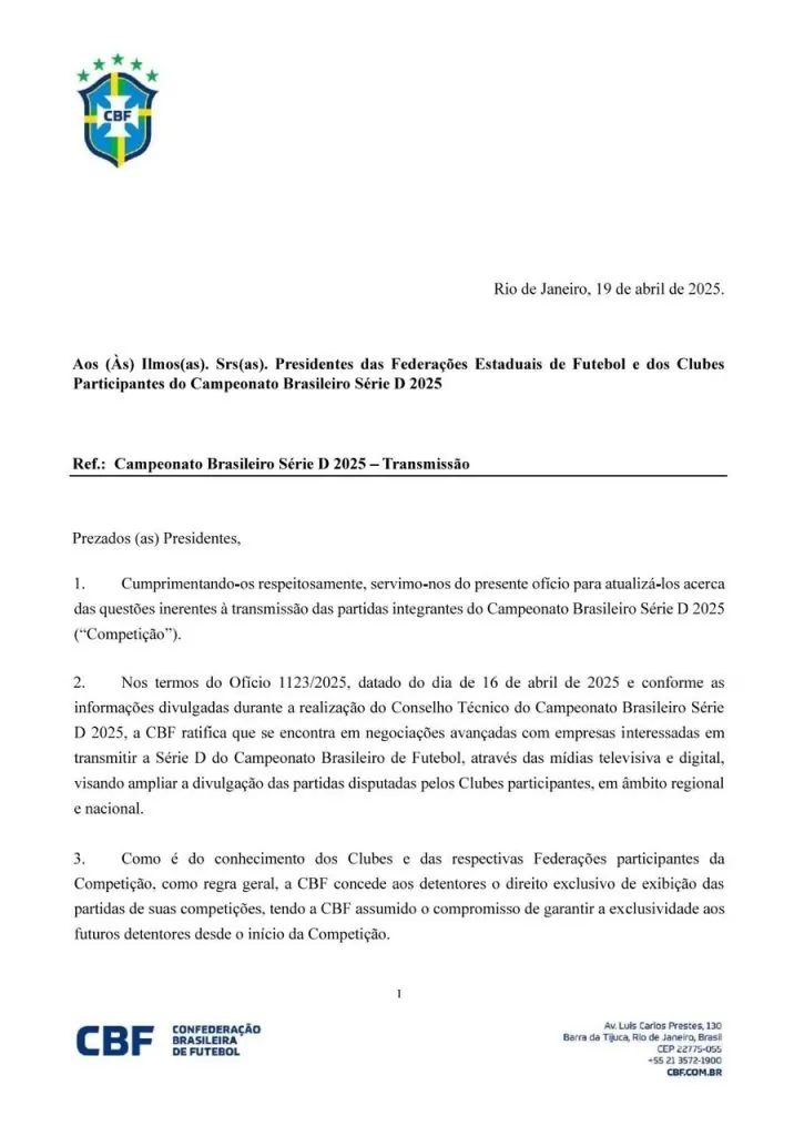 CBF oficia e clubes da Série D não podem transmitir partidas nos próprios canais