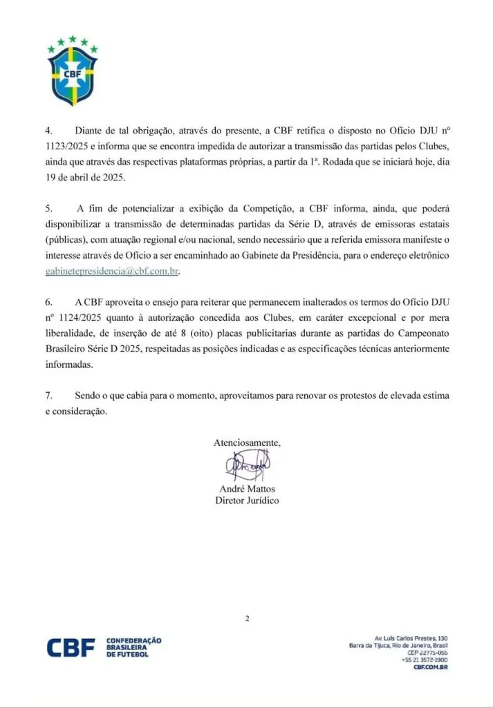 CBF oficia e clubes da Série D não podem transmitir partidas nos próprios canais