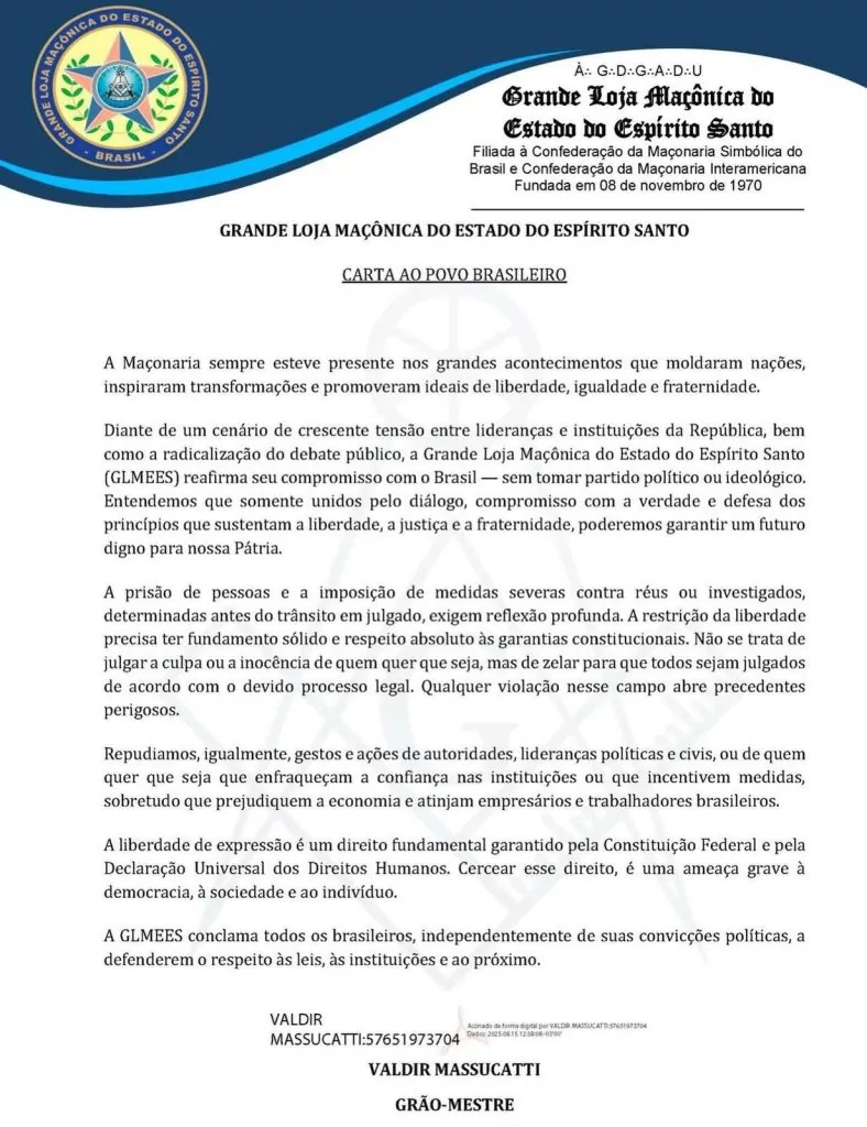 Em carta maçonaria pede diálogo e liberdade de expressão