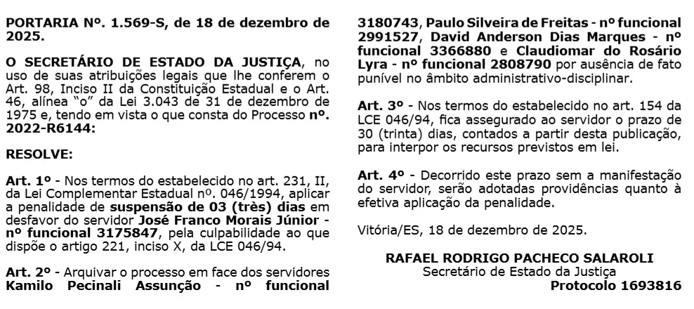 Diretor-geral da Polícia Penal é suspenso por dar acesso da Central de Alvarás a preso