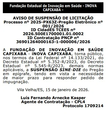 iNova Capixaba suspende pregão para serviços de lavanderia hospitalar