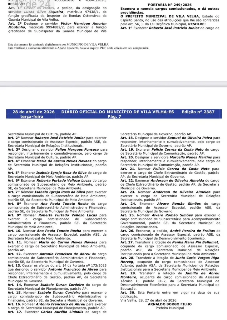Remanejamento total no secretariado de Arnaldinho em Vila Velha