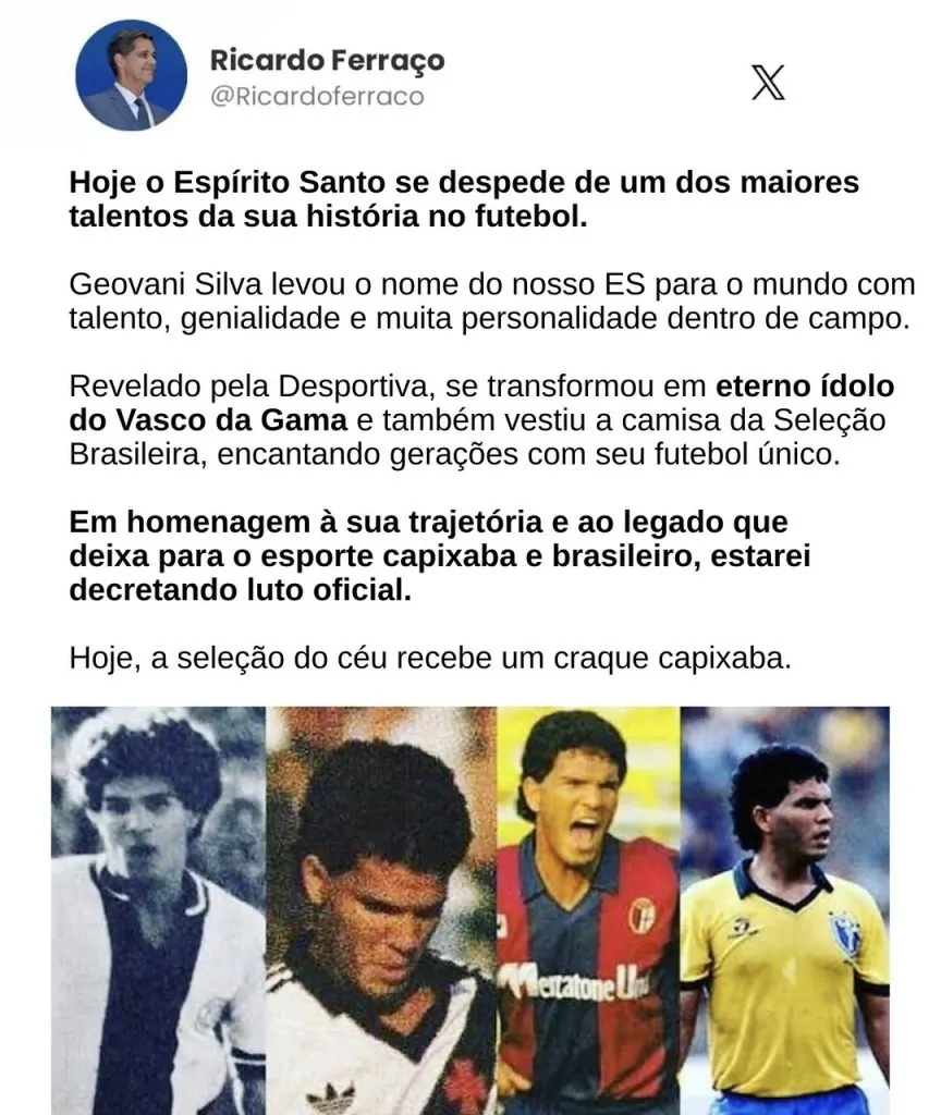 Morre Geovani Silva, ídolo do Vasco e do futebol capixaba