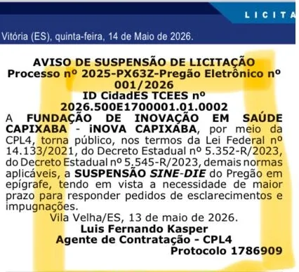 Licitação de R$ 25 milhões da saúde é suspensa 'Sine Die' por falhas graves