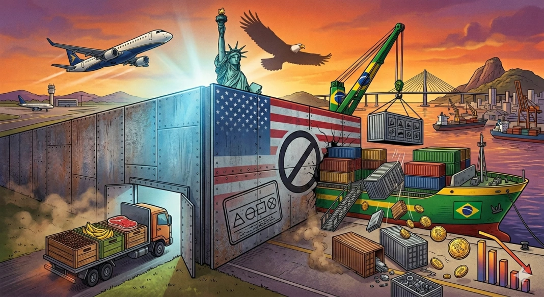 Ilustração conceitual sobre comércio internacional. Um navio de carga do Brasil esbarra em um bloqueio com a bandeira dos EUA, simbolizando tarifas comerciais. Setores isentos do tarifaço, como aviação e alimentos, aparecem contornando a barreira.