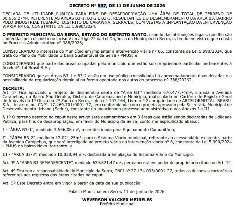 Terceira Via: prefeitura da Serra homologa acordo com empresas para novo acesso a Vitória
