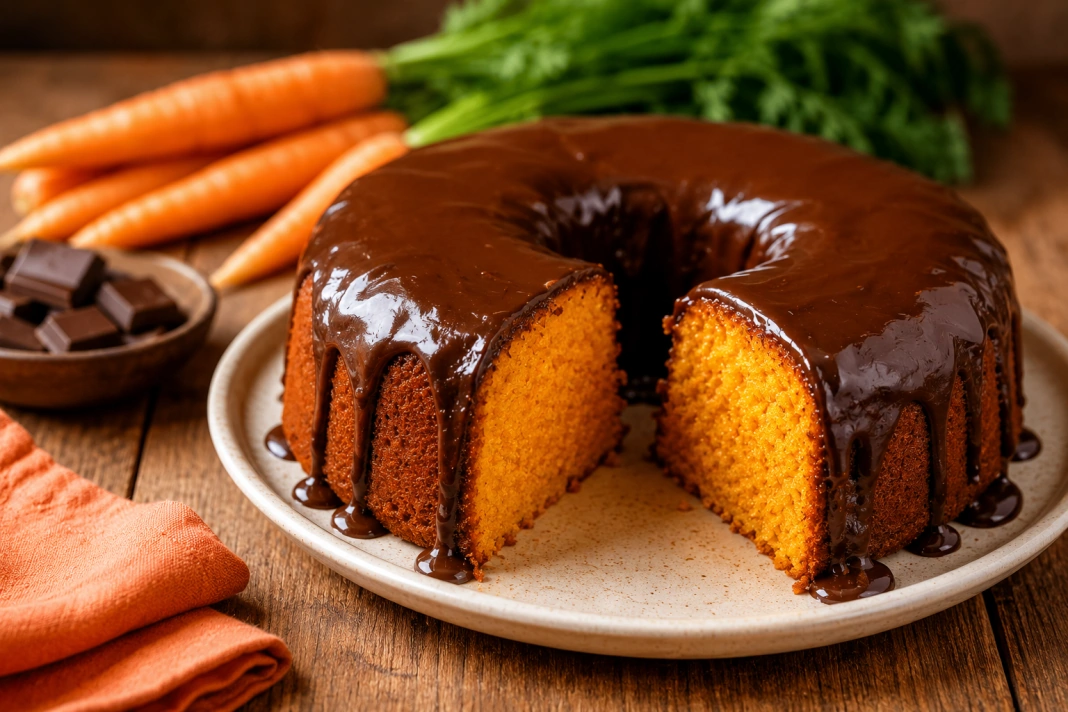 bolo de cenoura com calda de chocolate em uma mesa, cercado por cenouras e pedaços de chocolate