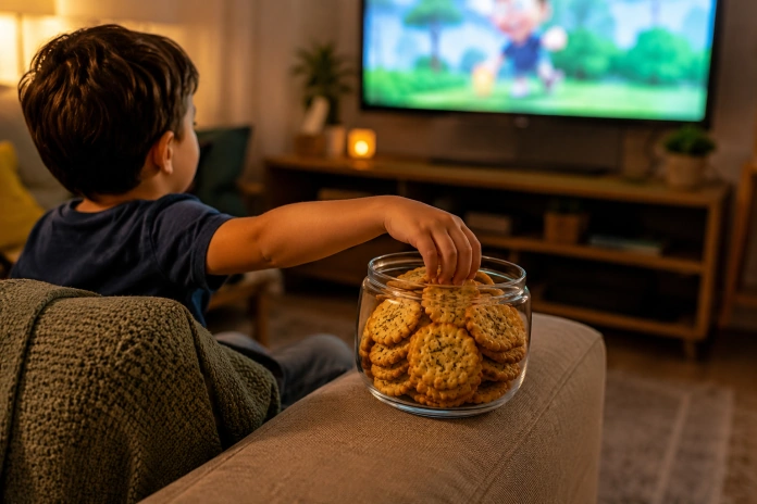 pote de biscoito no braço de um sofá, em frente a uma TV, ao lado de uma criança de costas, colocando a mão nele