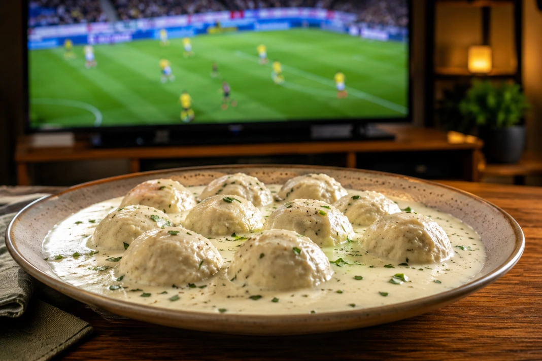 Um prato de fiskeboller, bolinho de carne norueguês , em frente a uma TV com jogo de futebol