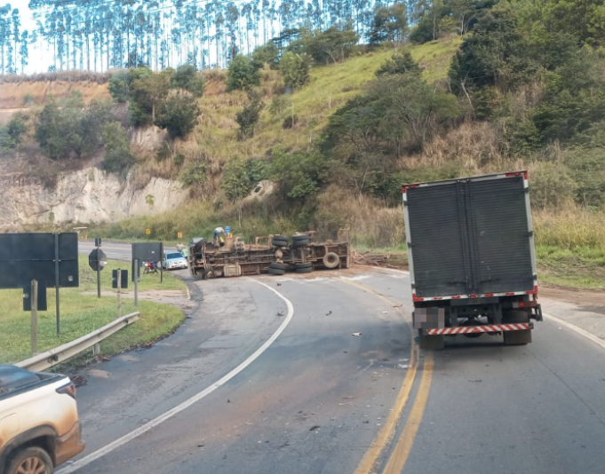 Caminhão com toras de eucalipto tomba e bloqueia rodovia no ES