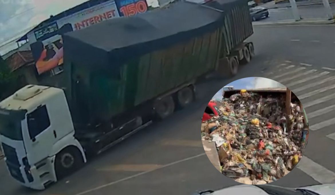 Motorista perde controle de caminhão de lixo após falha nos freios e atinge carro estacionado