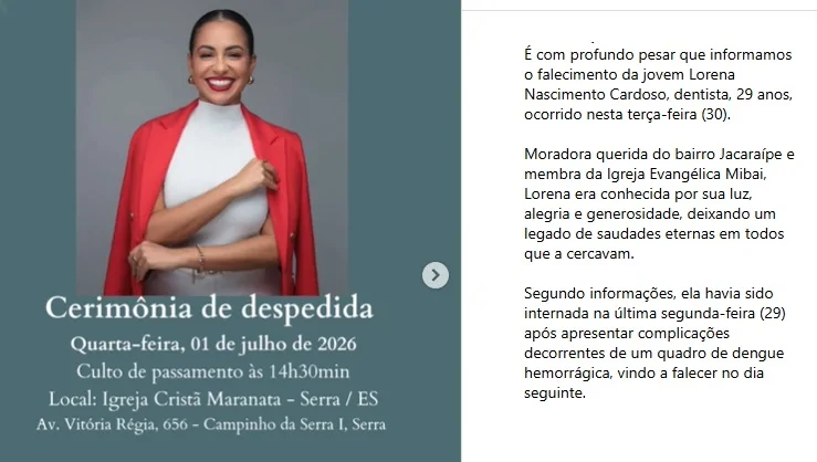 Morte de dentista na Serra pode ser a quinta por dengue no Espírito Santo em 2026 Morte de dentista na Serra pode ser a quinta por dengue no Espírito Santo em 2026