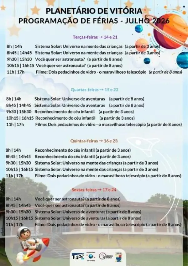 Planetário de Vitória tem programação gratuita nas férias de julho Planetário de Vitória tem programação gratuita nas férias de julho