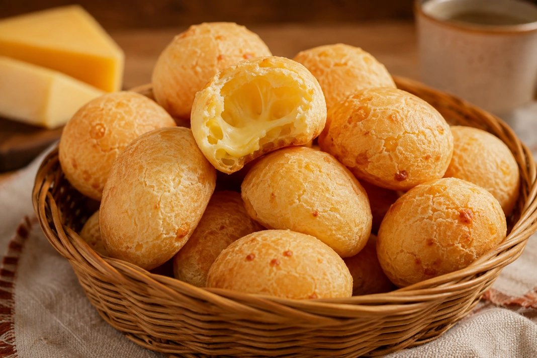 cesta em uma mesa de madeira com várias bolinhas de pão de queijo e uma partida ao meio