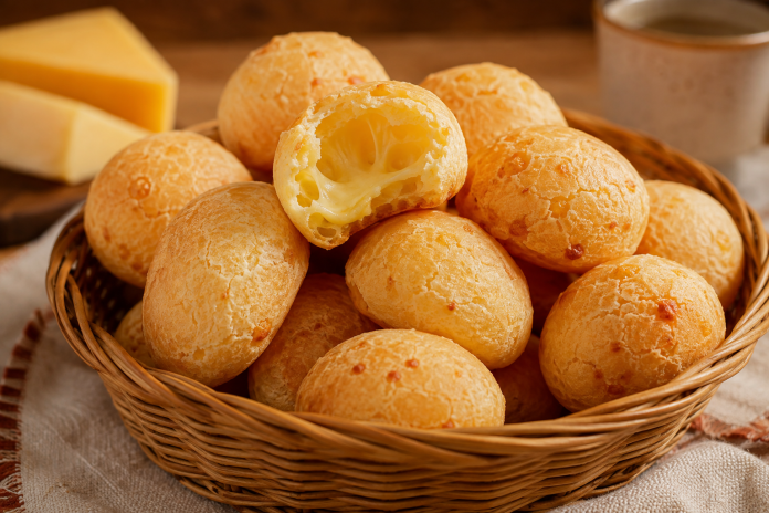 cesta em uma mesa de madeira com várias bolinhas de pão de queijo e uma partida ao meio