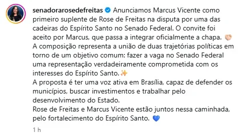 Rose de Freitas escolhe Marcus Vicente como seu primeiro suplente para o Senado
