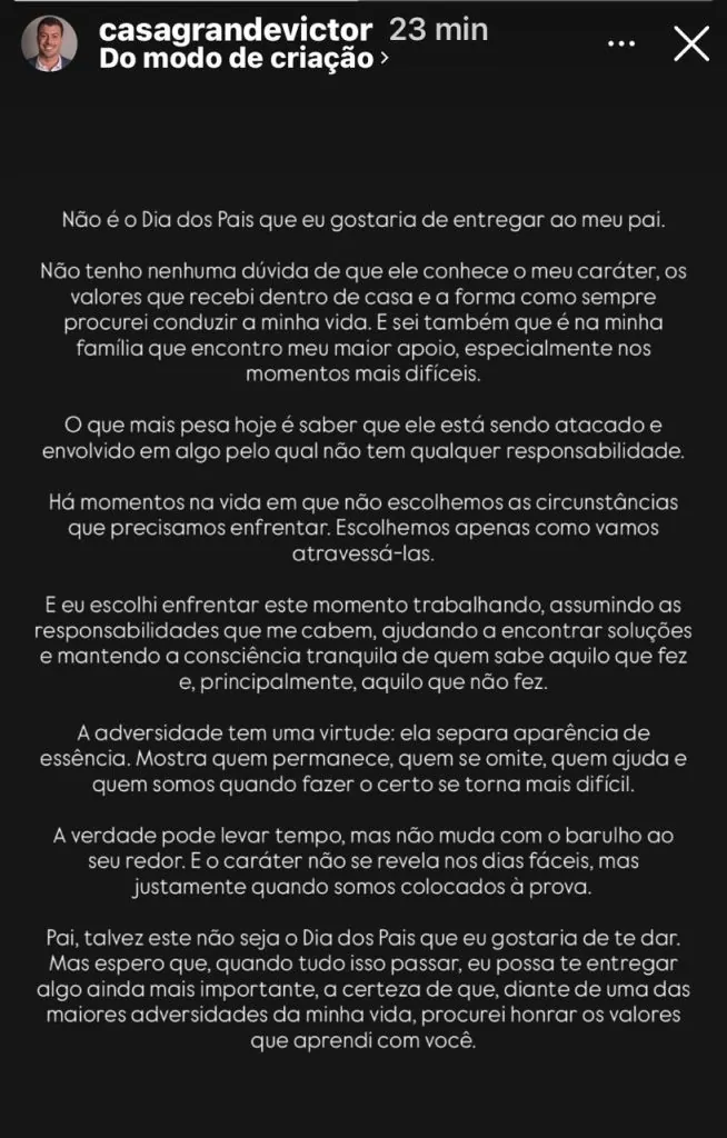 Filho de Casagrande desabafa em meio à crise da Apex: “não é o Dia dos Pais que eu gostaria de entregar” Filho de Casagrande desabafa em meio à crise da Apex: “não é o Dia dos Pais que eu gostaria de entregar”