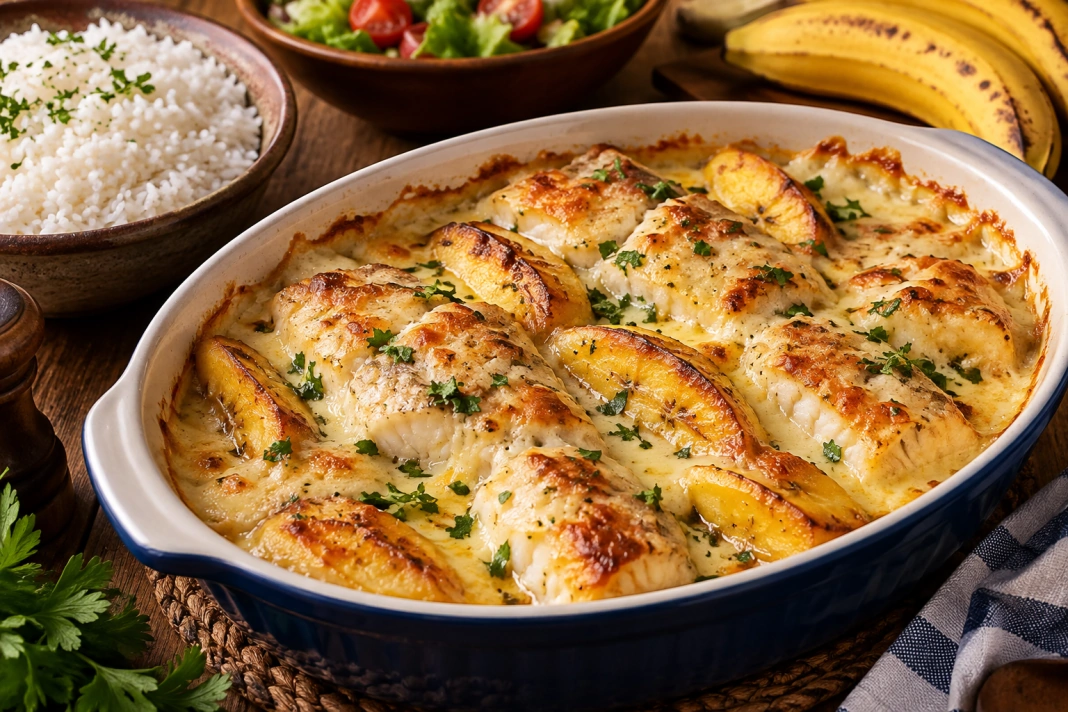ChatGPT Image 18 de set. de 2026, 09_43_07 Travessa com peixa à delícia - peixe, banana e molho branco, gratinado om queijo; ao lado, uma travessa com arroz e outra com salada