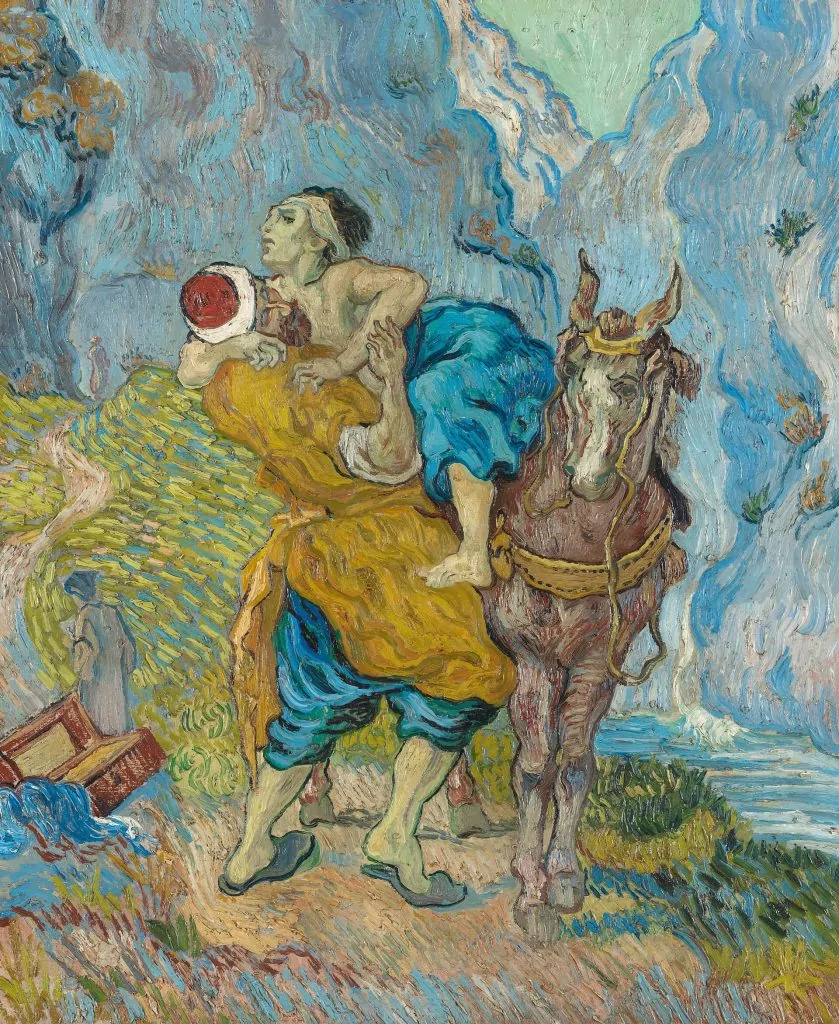O que a tristeza de Jesus no Getsêmani nos ensina no Setembro Amarelo? Pintura do bom samaritano ajudando um homem ferido a subir em seu animal.
