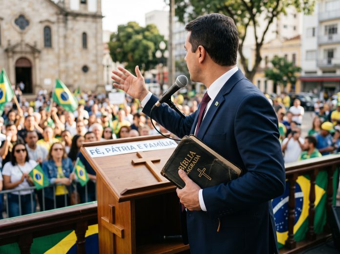 Candidato cristão proferindo discurso em palanque com a Bíblia na mão