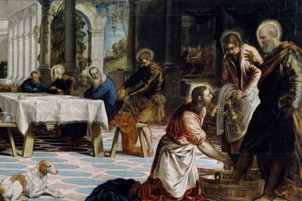 Pintura de Tintoretto representando Jesus lavando os pés dos discípulos