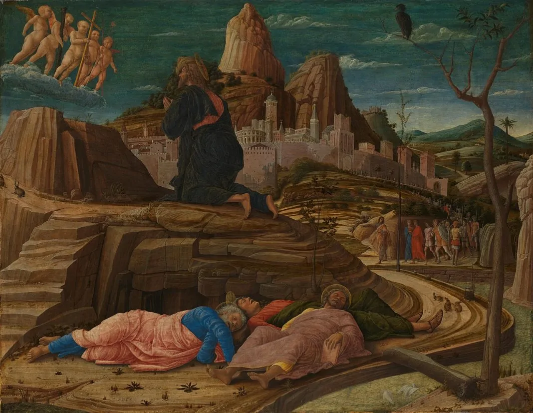 Pintura de Jesus orando no Getsêmani, com três discípulos adormecidos em primeiro plano.