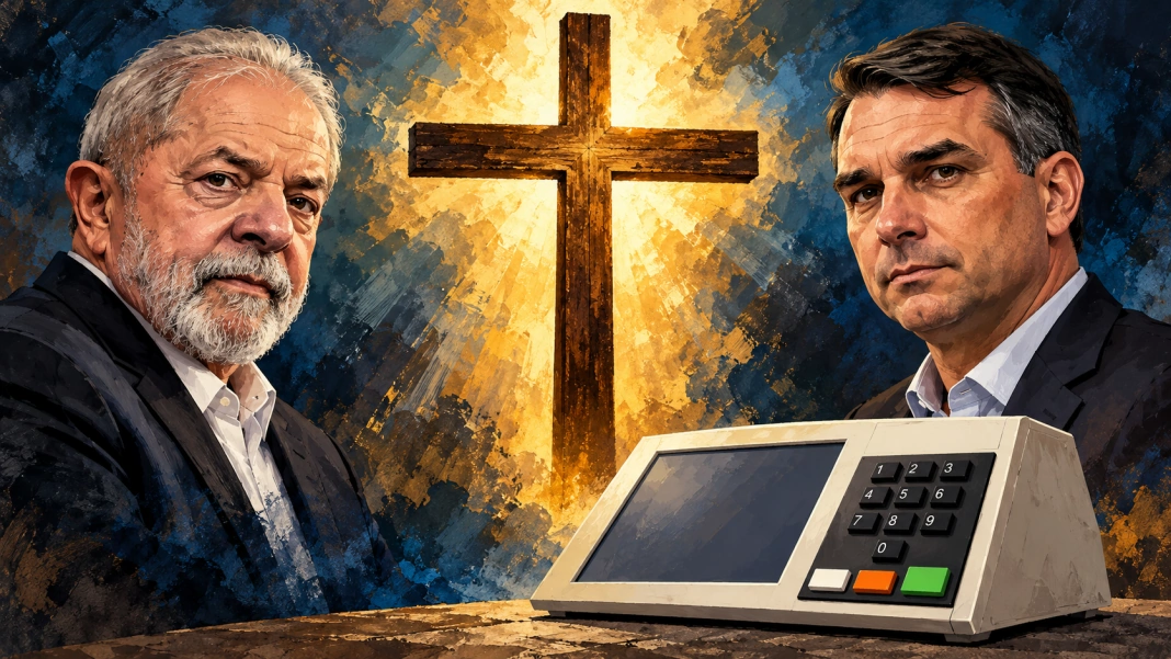Montagem artística com Lula à esquerda, Flávio Bolsonaro à direita, uma cruz iluminada ao centro e uma urna eletrônica em primeiro plano.