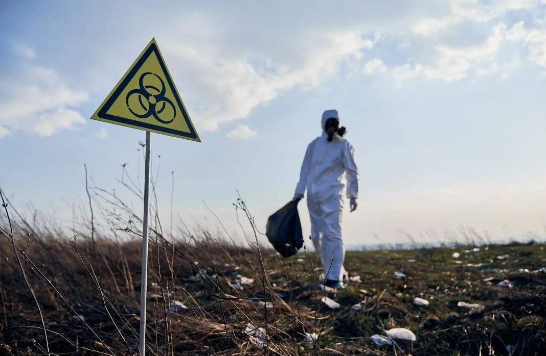 Ecologist standing in field with garbage and biohazard sign.
